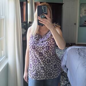 Tommy Hilfiger Sleeveless Blouse XS, Purple and Tan, Ruffle Neck, Damask Print